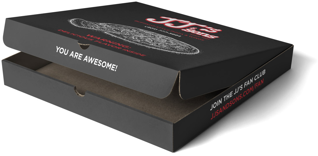 JJ's and Sons Restaurant Pizza Box design by faucethead creative